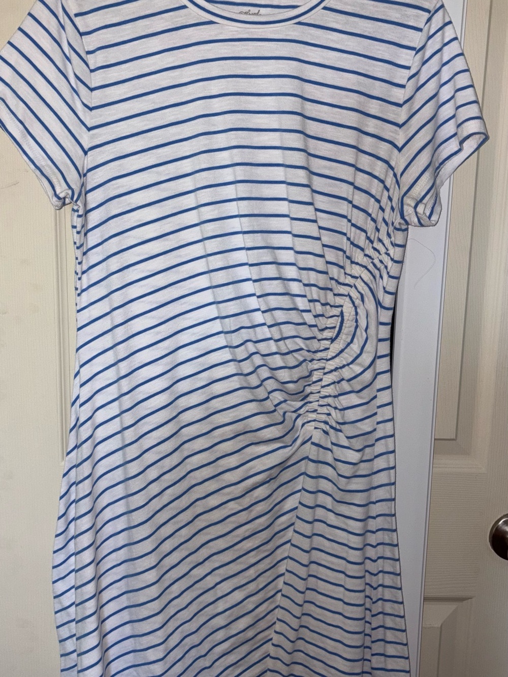 Universal Thread White Dress with Blue Stripes and Side Ruched Detail